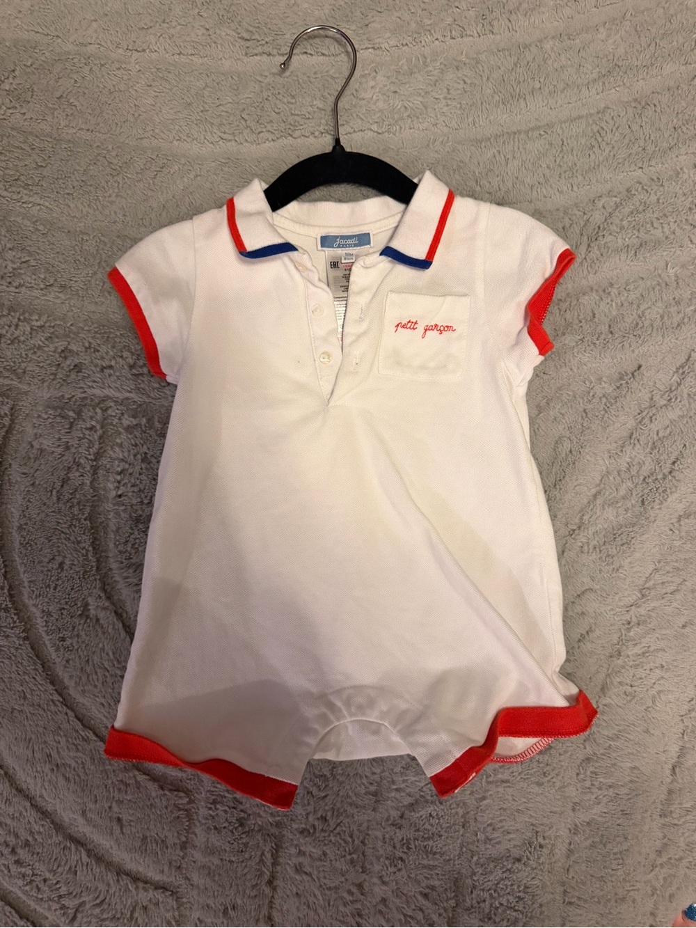 Jacadi White Polo Romper with Red and Blue Trim
